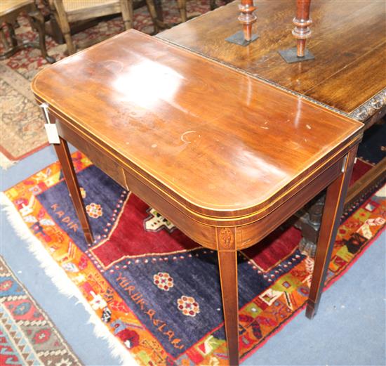 A George III boxwood strung inlaid mahogany tea table, W.3ft D.1ft 6in. H.2ft 5in.